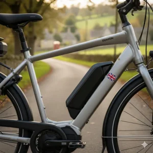 Close-up illustration of two lithium-ion batteries integrated into the frame of a modern electric bike.