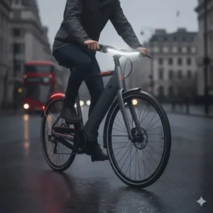Illustration of the built-in LED front and rear lights powered by the integrated ebike battery.