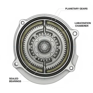 Diagram showing the sealed internal planetary gears of a maintenance-free ebike motor.