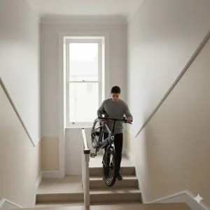 A cyclist easily carrying a lightweight apartment friendly ebike up a narrow flight of stairs in a Victorian conversion.
