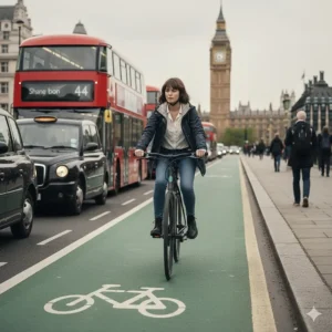 A cyclist riding a lightweight removable battery bike in a dedicated London cycle superhighway during rush hour.