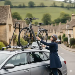 An illustration showing how an ebike with a removable battery is easier to lift onto a car rack or train.