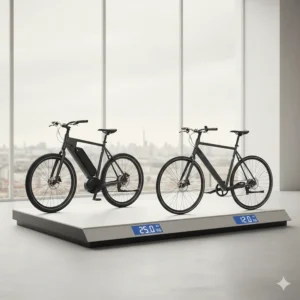 An illustration comparing a heavy traditional e-bike with a lightweight removable battery bike to show the difference in kilograms.