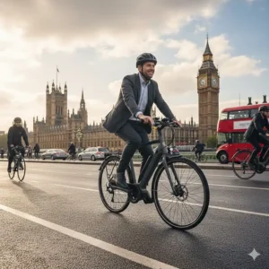 A cyclist riding a long-range ebike past the Houses of Parliament during a morning London commute.
