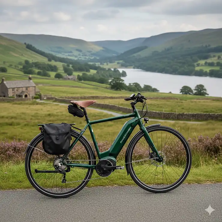 A high-performance electric bike with the longest range battery parked on a scenic paved trail in the English Lake District. longest range ebike