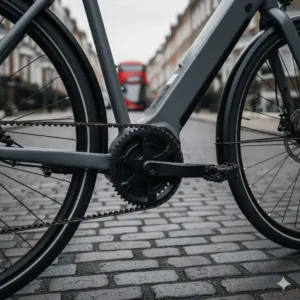 A grease-free carbon belt drive paired with a maintenance-free ebike motor on a hybrid bike.