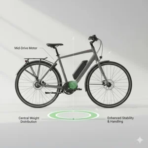 Illustration showing the low, central centre of gravity on a mid drive ebike for better handling and balance.