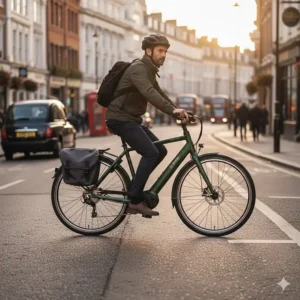 A commuter riding a mid drive electric bike through London traffic with a pannier rack and mudguards.