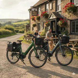 A pair of mid drive ebikes parked outside a traditional British pub during a weekend leisure ride.