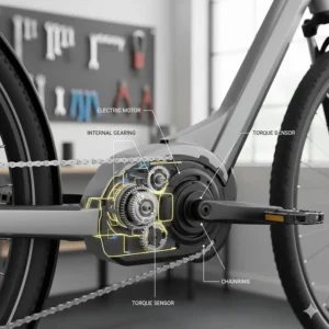 Technical drawing showing how a mid-drive motor uses the bike's chain and cassette to provide torque.