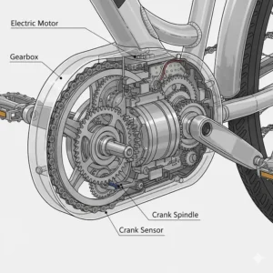 Diagram showing the internal motor and gearing of a mid drive ebike for efficient power transfer.