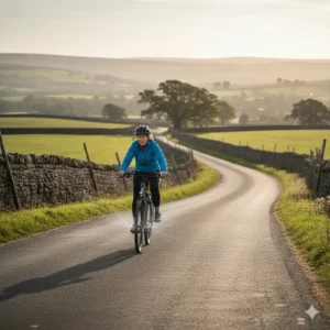 A cyclist using a mid drive ebike to easily climb a steep hill on a countryside road in the UK.