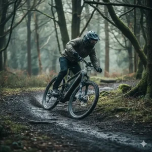 A mid drive electric mountain bike tackling a muddy woodland trail in the British Peak District.