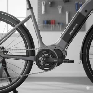 Close-up illustration of a mid-drive motor integrated into the bottom bracket of an e-bike frame.