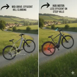 Comparison graphic showing a mid-drive e-bike's efficiency on steep British hills versus a hub motor.