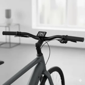 The clean cockpit and minimalist digital display of a modern integrated battery electric bike.