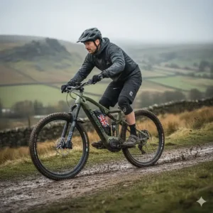 A dual battery electric mountain bike tackling a steep, muddy trail in the Peak District.