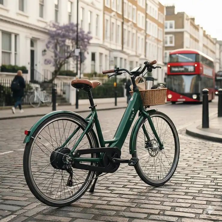 A modern rear hub motor ebike parked on a London street, showing the integrated motor in the back wheel. rear hub motor ebike