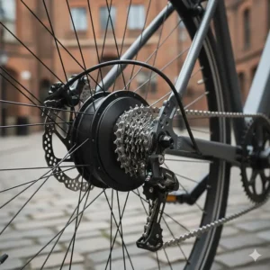 Close-up of a rear hub motor on an electric bike, highlighting how it sits alongside the gear cassette and derailleur.