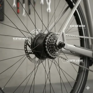Diagram showing a rear hub motor housed within the spokes of the back wheel of an electric hybrid bike.