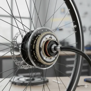 Cutaway illustration showing the internal planetary gears of a brushless rear hub motor for an ebike.