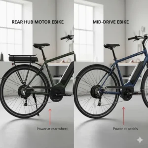 Side-by-side comparison of a rear hub motor ebike and a mid-drive electric bike for UK commuters.