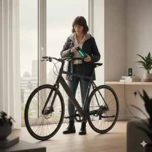 A close-up of a rider easily removing a sleek battery from the frame of a lightweight electric bike to charge it in a flat.