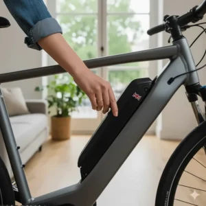 Close-up of a hand unlocking and removing a sleek battery from an ebike downtube.