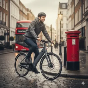 A cyclist commuting to work on a sleek integrated battery ebike past a classic British red post box.