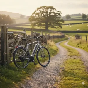 A sleek integrated battery ebike leaning against a wooden gate on a British countryside bridleway.