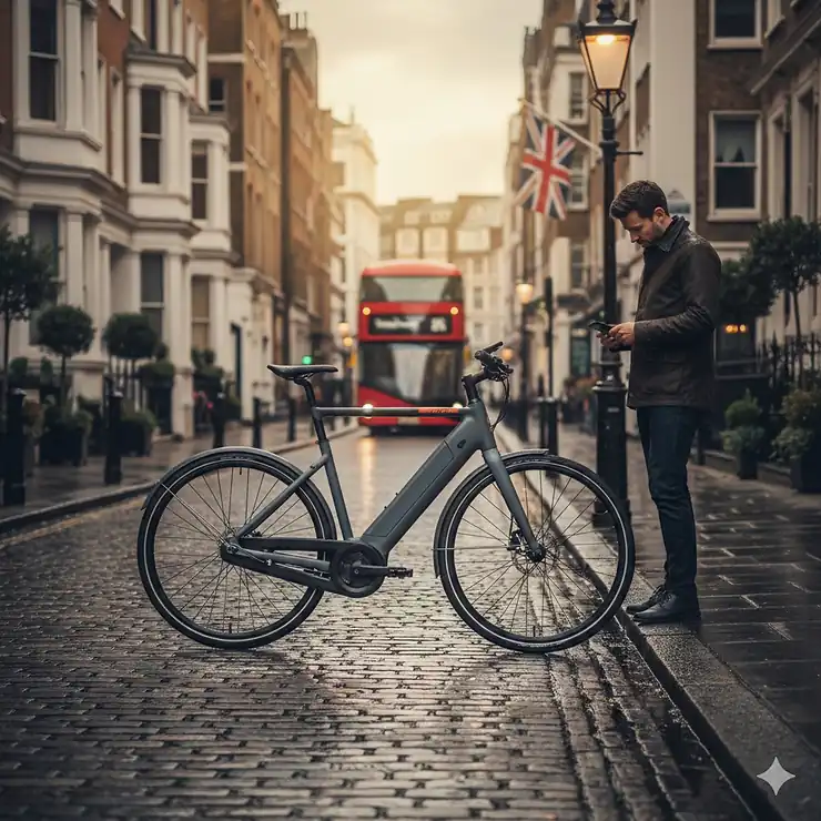 A sleek integrated battery ebike parked on a cobbled London street, showing the clean frame design and discrete motor. sleek integrated battery ebike