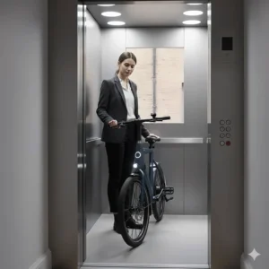 A compact electric bike fitting easily inside a standard UK passenger lift without blocking the doors.