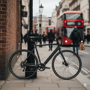 A discreet rear hub motor on a sleek electric commuter bike, designed for a stealthy look on UK high streets.