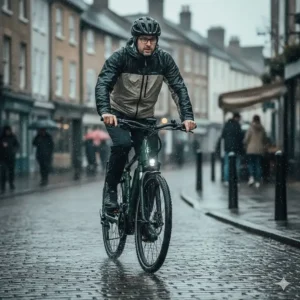 A durable ebike with integrated mudguards being ridden through typical British rainy weather.