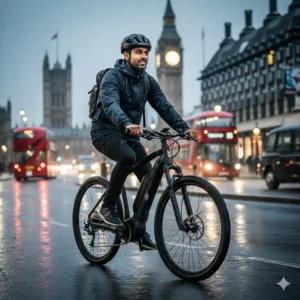 A commuter riding an e-bike with a waterproof integrated battery through a rainy London street, showing reliability in wet weather.