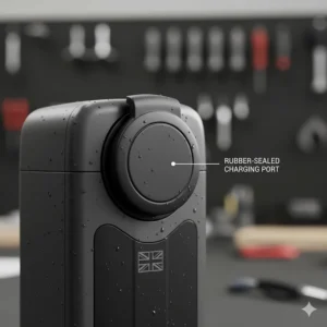 A detail shot of a rubber-sealed charging port on an integrated battery, ensuring protection against mud and grit.