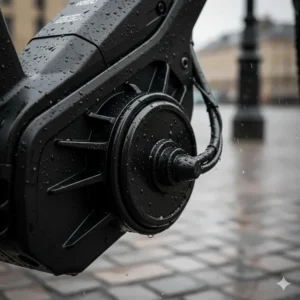 Close-up of protective seals on an ebike motor designed for wet British weather conditions.