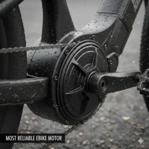 Alt text for image 3 Close-up illustration of a weather-sealed casing protecting the ebike motor from typical British rain and road spray.