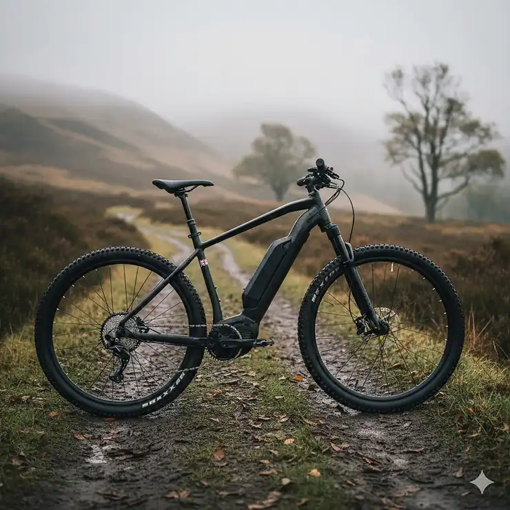 A sleek electric mountain bike featuring a waterproof integrated battery seamlessly built into the frame, designed for British weather conditions. waterproof integrated battery