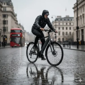 A sleek integrated battery ebike being ridden through a puddle in rainy British weather, highlighting its durability.