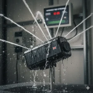 A close-up of a waterproof integrated battery unit being sprayed with water to demonstrate IP65 ingress protection.