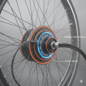 Illustration highlighting the weather-sealed casing of a hub motor, suitable for wet British weather conditions.