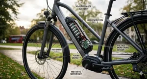 Diagram showing a 36v electric bike battery pack with labels for voltage and watt-hours against a British park background.