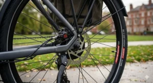 Detailed view of the hydraulic disc brakes and puncture-resistant tyres on a 36v electric bike for all-weather UK commuting.