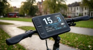 Handlebar-mounted LCD screen for a 36v electric bike showing speed in mph, battery percentage, and assist levels.
