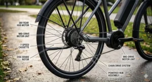 Close-up illustration of a 250w rear hub motor on a 36v electric bike with visible disc brake and 7-speed cassette.