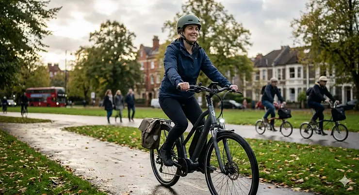 A sleek 36v electric commuter bike being ridden on a paved London cycle path, showing the integrated battery and mid-drive motor. 36v electric bike