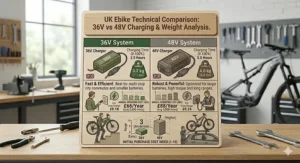 A split-screen illustration showing a 36V hybrid ebike used for urban commuting versus a 48V ebike equipped for heavy-duty off-road trails.