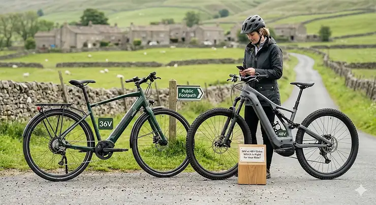 A professional photograph comparing a green 36V city hybrid ebike and a grey 48V electric mountain bike on a rural UK country lane with dry stone walls. 36v vs 48v ebike