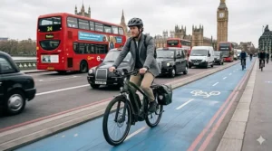 A commuter using a powerful 48v ebike to bypass traffic in a busy UK city centre.